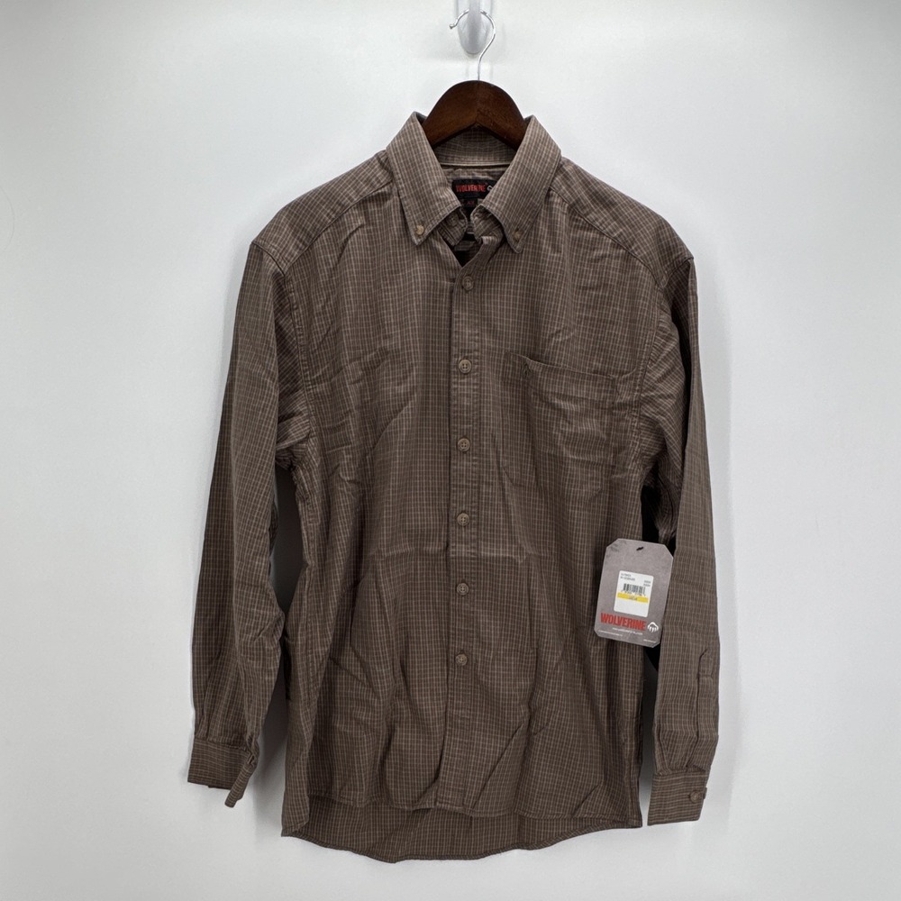 Wolverine Outback Mens Shirt M Brown Check Long Sleeve Button-Up Pockets Logo